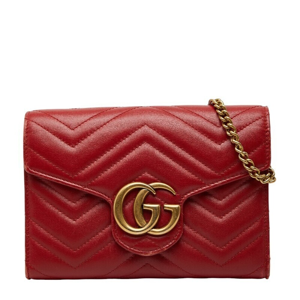 Gucci GG Marmont Chain Wallet Shoulder Bag Red Leather